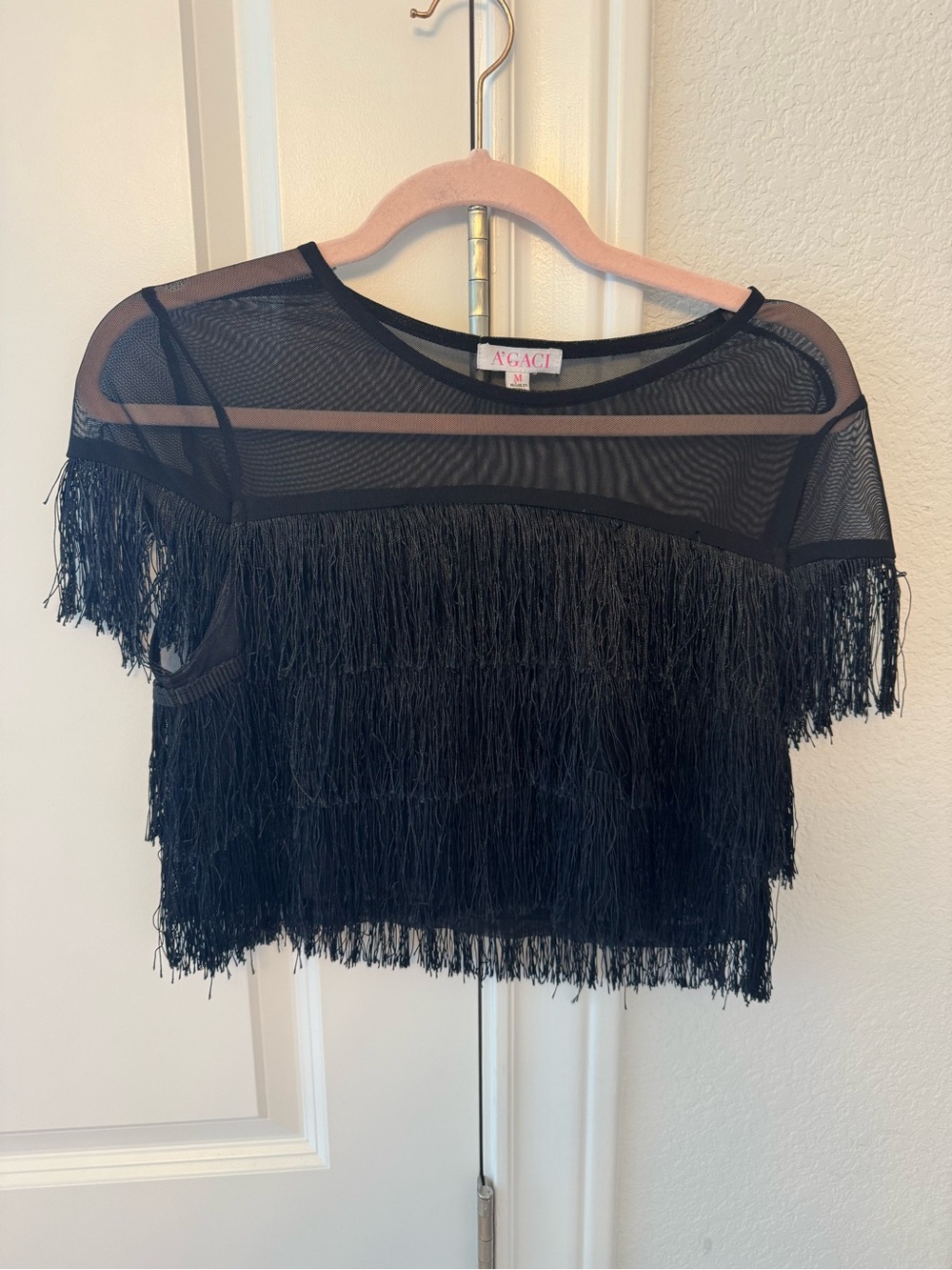 a'gaci Black Fringe Mesh Crop Top